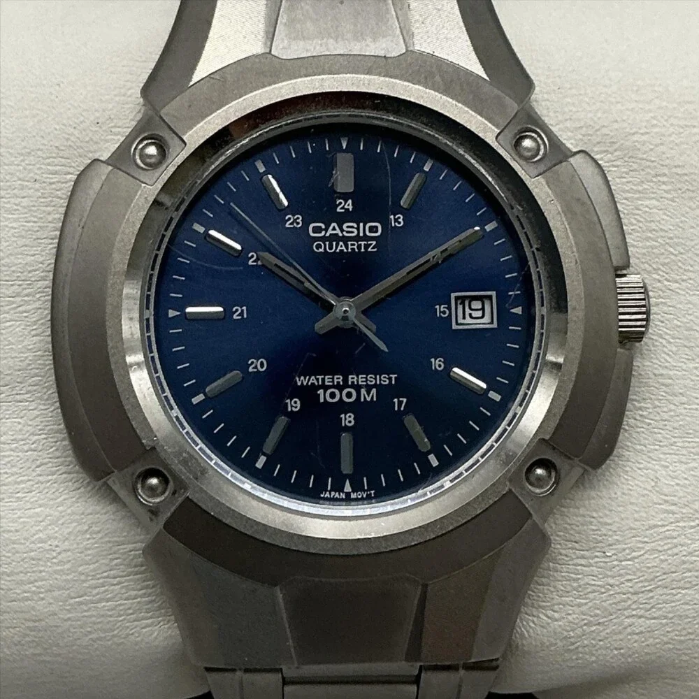 Casio MTP-3036 Mens Watch 42mm Silver Tone Blue Dial 100M Date New Battery 5.75